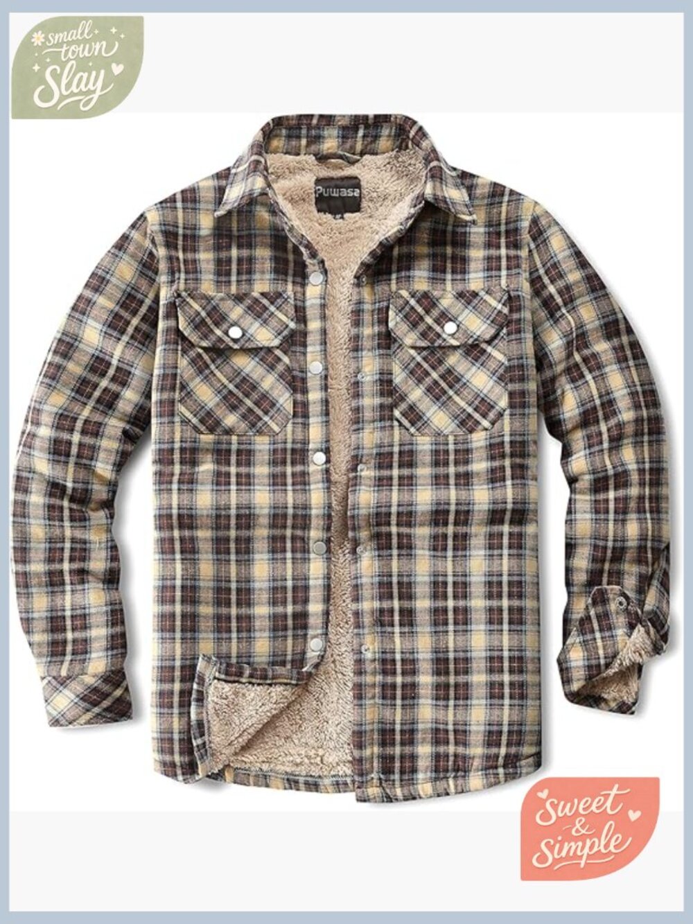Fleece Lined Flannel Button Down Shirt Jacket Cotton Plaid Sherpa - Picture 1 of 7